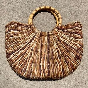 Vintage Woven Straw Purse with Bamboo Handles